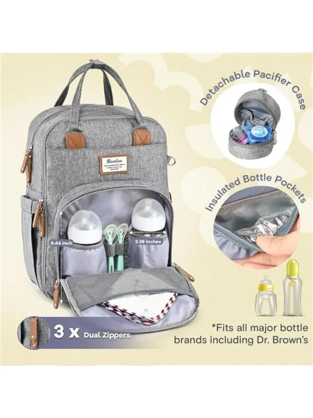 RUVALINO Diaper Bag Backpack Baby Travel Tote Waterproof Stroller Gray Pad